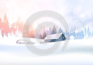 Rural Winter Landscape With House In Snowy Forest Pine Tree Woods Background