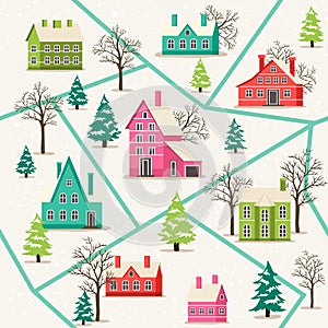 Rural winter landscape seamless pattern