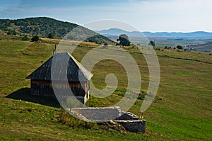 Rural wooden house at PeÅ¡ter plateau panoramic landscape