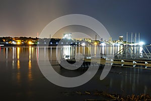 Ruse city lights at night from Giurgiu harbor