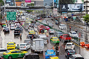 Rush hour big heavy traffic jam in busy Bangkok Thailand