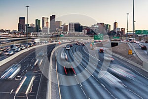 Rush hour traffic on I-25 looking towards downtown Denver, Colorado, USA