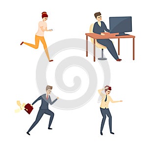 Rush job icons set cartoon vector. Hurrying and running office worker photo