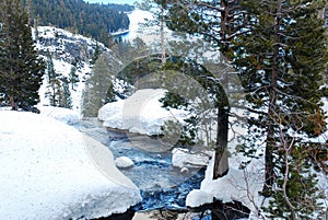 A rushing stream flows through a winter landscape