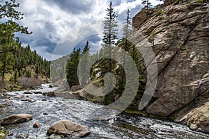 Rushing stream river water through Eleven Mile Canyon Colorado