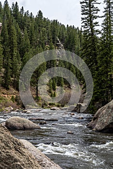 Rushing stream river water through Eleven Mile Canyon Colorado