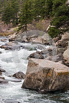 Rushing stream river water through Eleven Mile Canyon Colorado