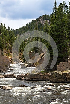 Rushing stream river water through Eleven Mile Canyon Colorado