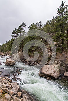 Rushing stream river water through Eleven Mile Canyon Colorado