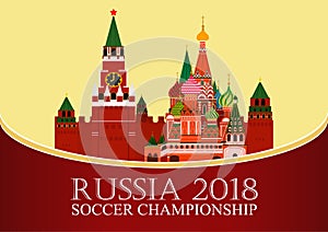 Russia 2018 World cup. Football banner. Vector flat illustration. Sport. Image of Kremlin and St. Basil`s Cathedral