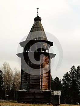 Russia - Arkhangelsk - suburb forest park outdoor museum in winter - historical Orthodox Christian wooden belltower