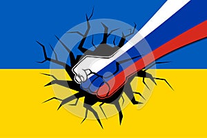 Russia attacks Ukraine. Fist colored in Russian flag strikes the Ukrainian flag with a strong blow. Conflict between Russia and