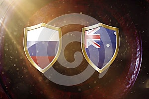 Russia and australia flag in golden shield on copper texture background.3d illustration