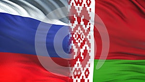 Russia and Belarus officials exchanging confidential envelope, flags background