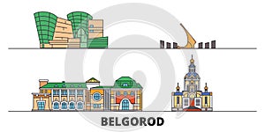 Russia, Belgorod flat landmarks vector illustration. Russia, Belgorod line city with famous travel sights, skyline