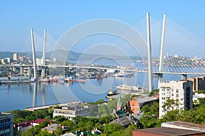 Russia, the bridge across the Golden horn bay in Vladivostok in sunny day