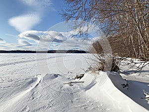 Russia, Chelyabinsk region. Lake Uvildy in sunny January day photo