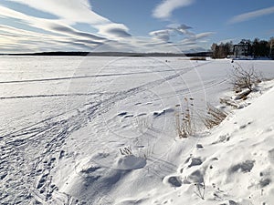 Russia, Chelyabinsk region. Nature monument - lake Uvildy in January in frosty weather photo