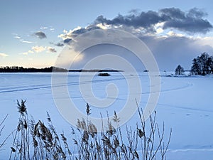 Russia, Chelyabinsk region. Nature monument - lake Uvildy in January in the morning