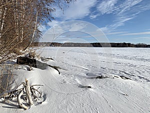 Russia, Chelyabinsk region. Nature monument - lake Uvildy in January in sunny day