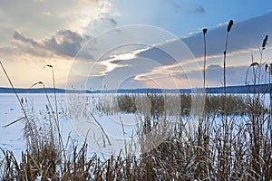 Russia, Chelyabinsk region. Nature monument-lake Uvildy in winter in cloudy weather photo