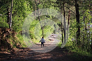 Russia, a child alone runs along the road in the forest in the summer in the trees