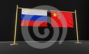 Russia and China flags. Russia flag and China flag. Russia and China negotiations. 3D work and 3D image