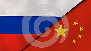 Russia China national flags. News, reportage, business background. 3D illustration