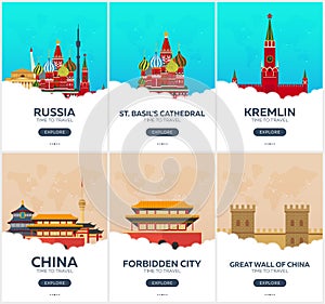 Russia, China. Time to travel. Set of Travel posters. Vector flat illustration.