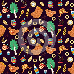 Russia cultural symbols colorful icons seamless vector pattern