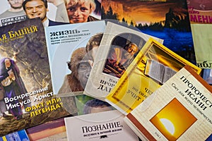 Russia - December 2020: Religious literature of Jehovah`s Witnesses