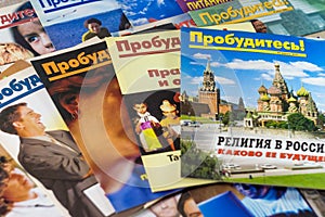 Russia - December 2020: Religious literature of Jehovah`s Witnesses