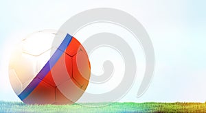 Russia design soccer football ball russian 3d rendering with green grass meadow blades of grass