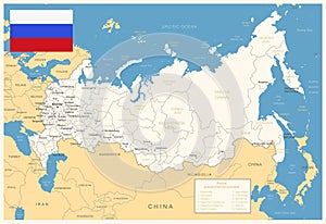 Russia - detailed map with administrative divisions and country flag. Vector illustration