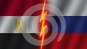 Russia and Egypt Flags Together, Fabric Texture, Thunder Icon, 3D Illustration