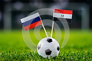 Russia - Egypt, Group A, Tuesday, 19. June, Football, World Cup, Russia 2018, National Flags on green grass, white football ball o