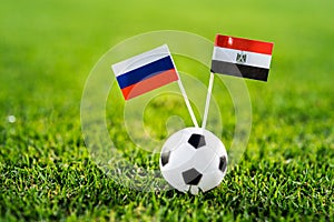 Russia - Egypt, Group A, Tuesday, 19. June, Football, World Cup, Russia 2018, National Flags on green grass, white football ball o