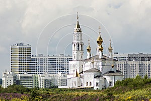 Russia . Ekaterinburg . Orthodox Church on a background of the city landscape.