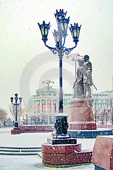 Russia . Ekaterinburg .Sevastyanov`s house and the monument to Tatischev and De Genin .