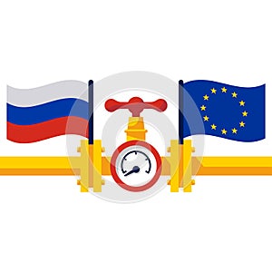 Russia and EU. Gas pipe with flag European union and Russia.