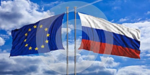 Russia and European Union flags on blue sky background. 3d illustration