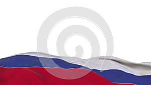 Russia fabric flag waving on the wind loop. Russian embroidery stiched cloth banner swaying on the breeze. Half-filled white