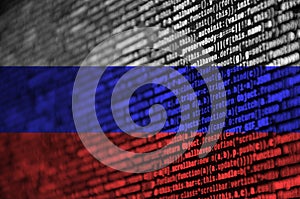 Russia flag is depicted on the screen with the program code. The concept of modern technology and site development