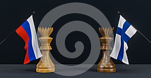 Russia flag and Finlandia flag and chess king on chessboard, Russia vs Finlandia countries political conflict and war concept, 3D photo