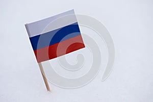 Russia flag made from paper with brown toothpick on white snow background.
