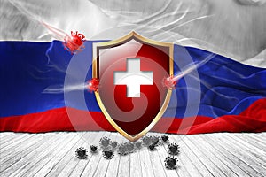 Russia flag with Metal Shiny red shield. virus protection, hygiene shield. virus Vaccine Protection aganst coronavirus, Health