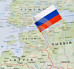 Russia flag pin on map