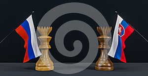 Russia flag and Slovakia flag and chess king on chessboard, Russia vs Slovakia countries political conflict and war concept, 3D