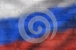 Russia flag on a texture background. Flag of Russia on the old grunge wall in the background, the concept of destruction and war