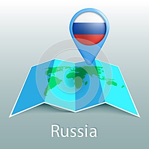 Russia flag world map in pin with name of country